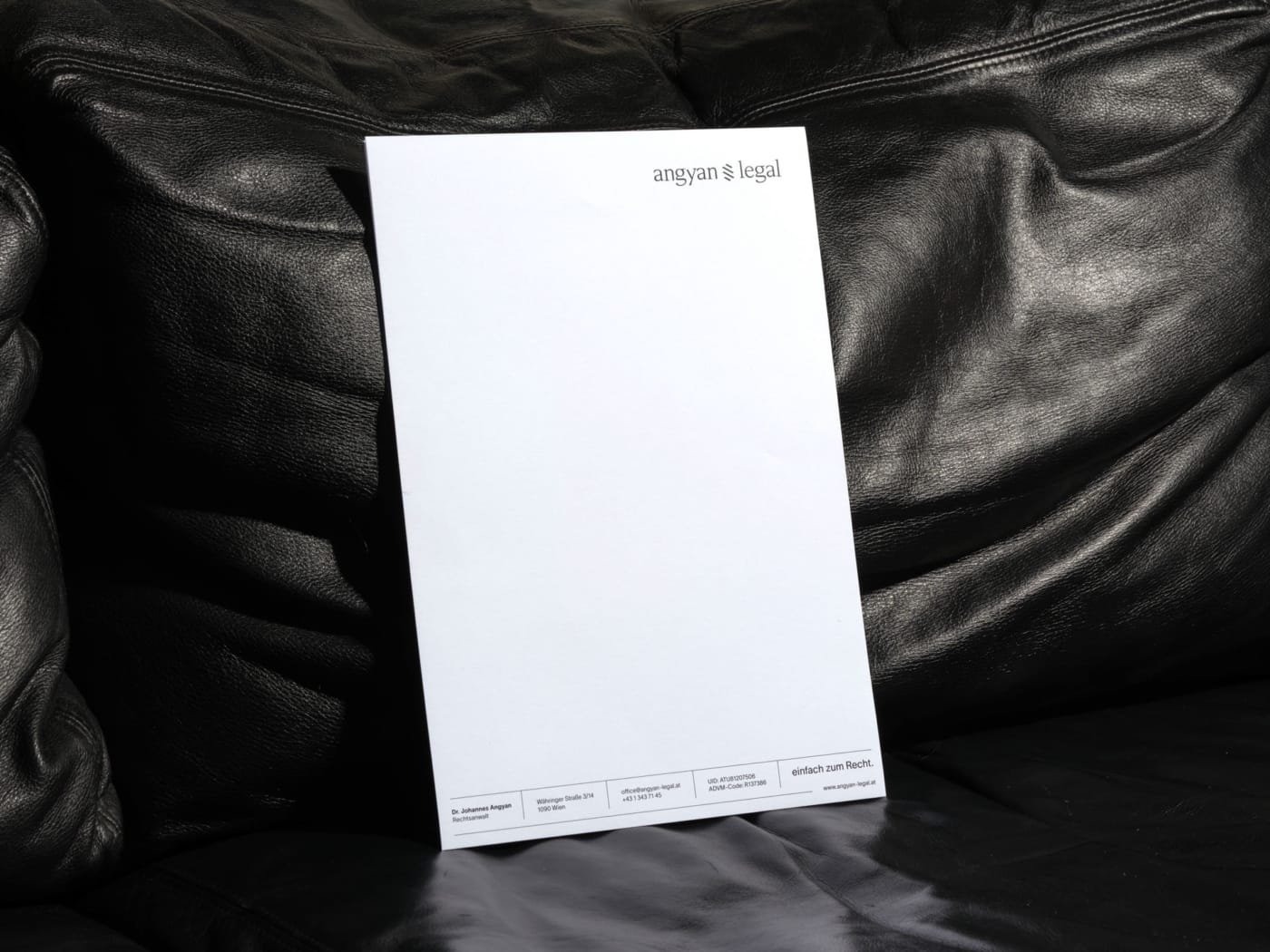 Drucksorte Briefpapier Angyan Legal, Branding für Rechtsanwalt